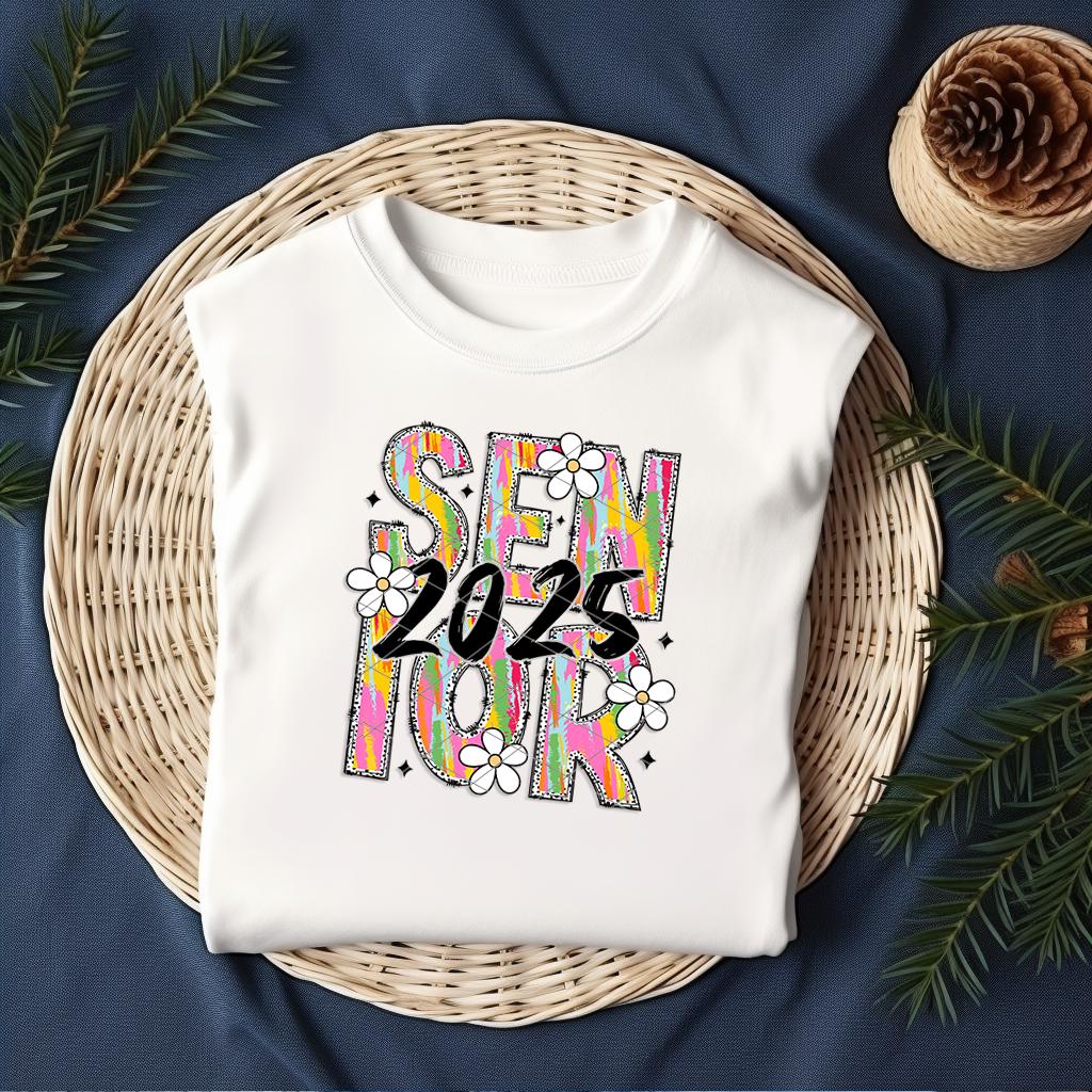 Folded white Brushstroke Senior 2025 shirt styled on a wicker basket with cozy holiday elements.
