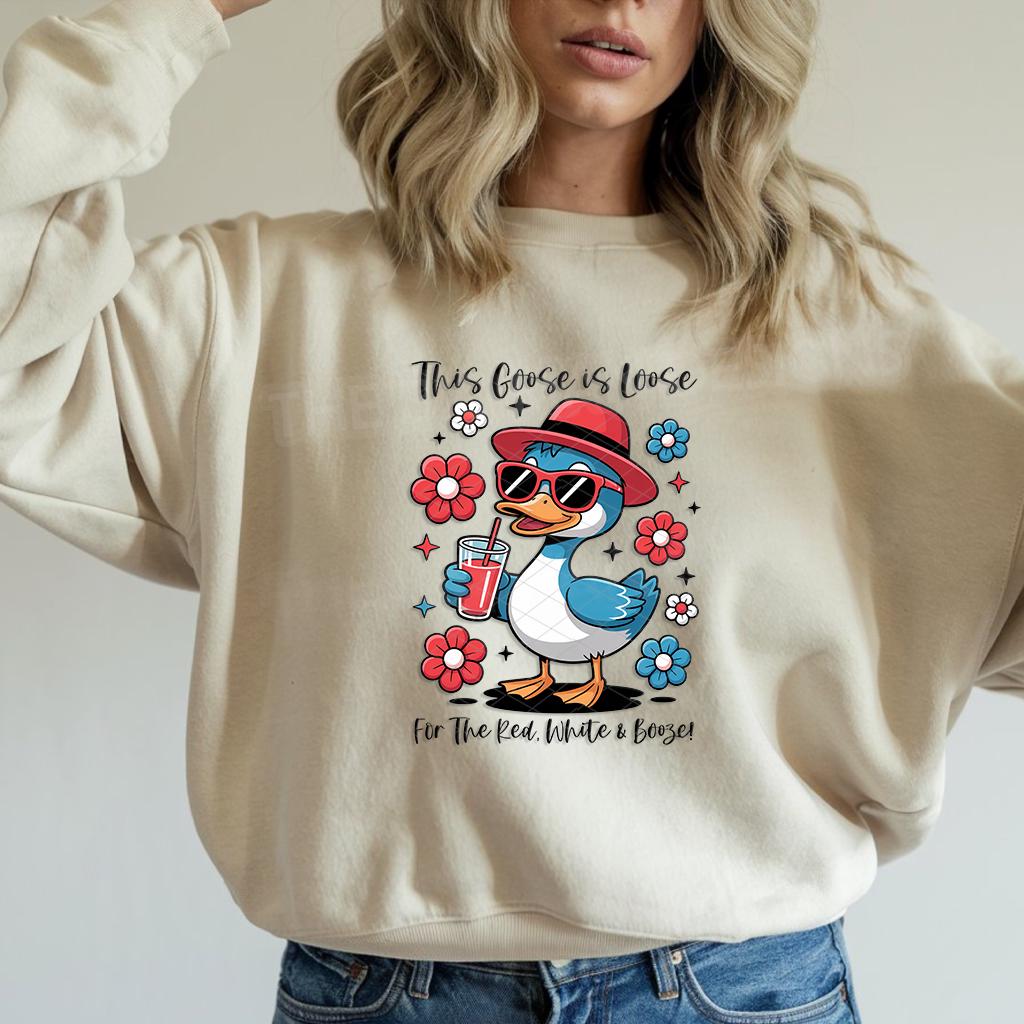Get your customers or your craft game ready for summer with this hilarious DTF transfer! The “This Goose is Loose – For the Red, White & Booze!” design features a quirky blue goose in a red hat and sunglasses, surrounded by patriotic florals. It’s perfect for July 4th, summer BBQs, and lake parties!