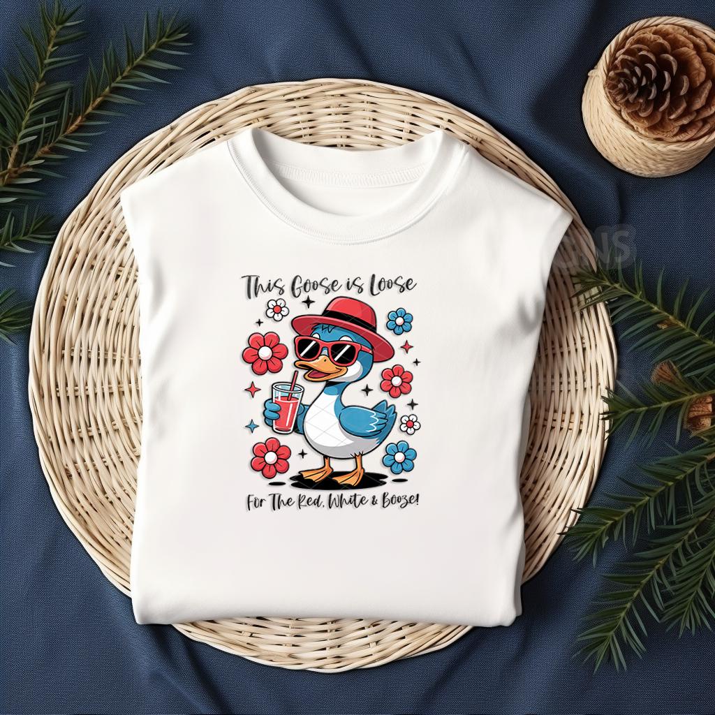 Get your customers or your craft game ready for summer with this hilarious DTF transfer! The “This Goose is Loose – For the Red, White & Booze!” design features a quirky blue goose in a red hat and sunglasses, surrounded by patriotic florals. It’s perfect for July 4th, summer BBQs, and lake parties!