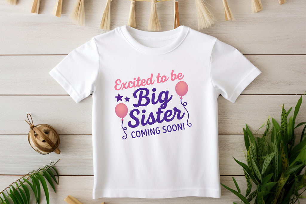 Digital PNG design featuring 'Excited to Be Big Sister Coming Soon' with pink balloons and stars, perfect for sibling pregnancy announcements.