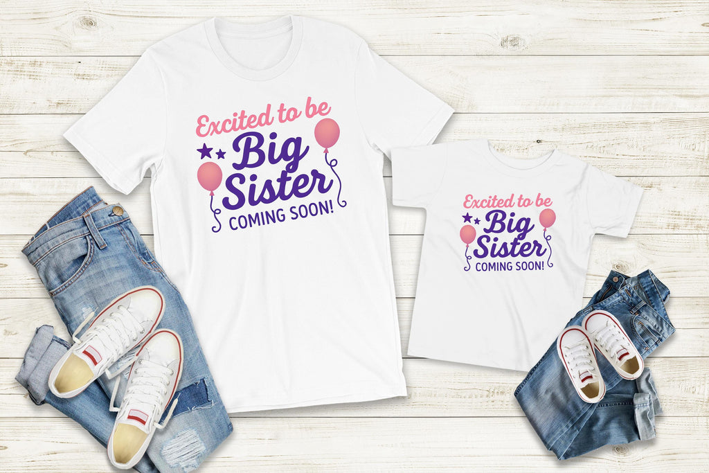 Digital PNG design featuring 'Excited to Be Big Sister Coming Soon' with pink balloons and stars, perfect for sibling pregnancy announcements.