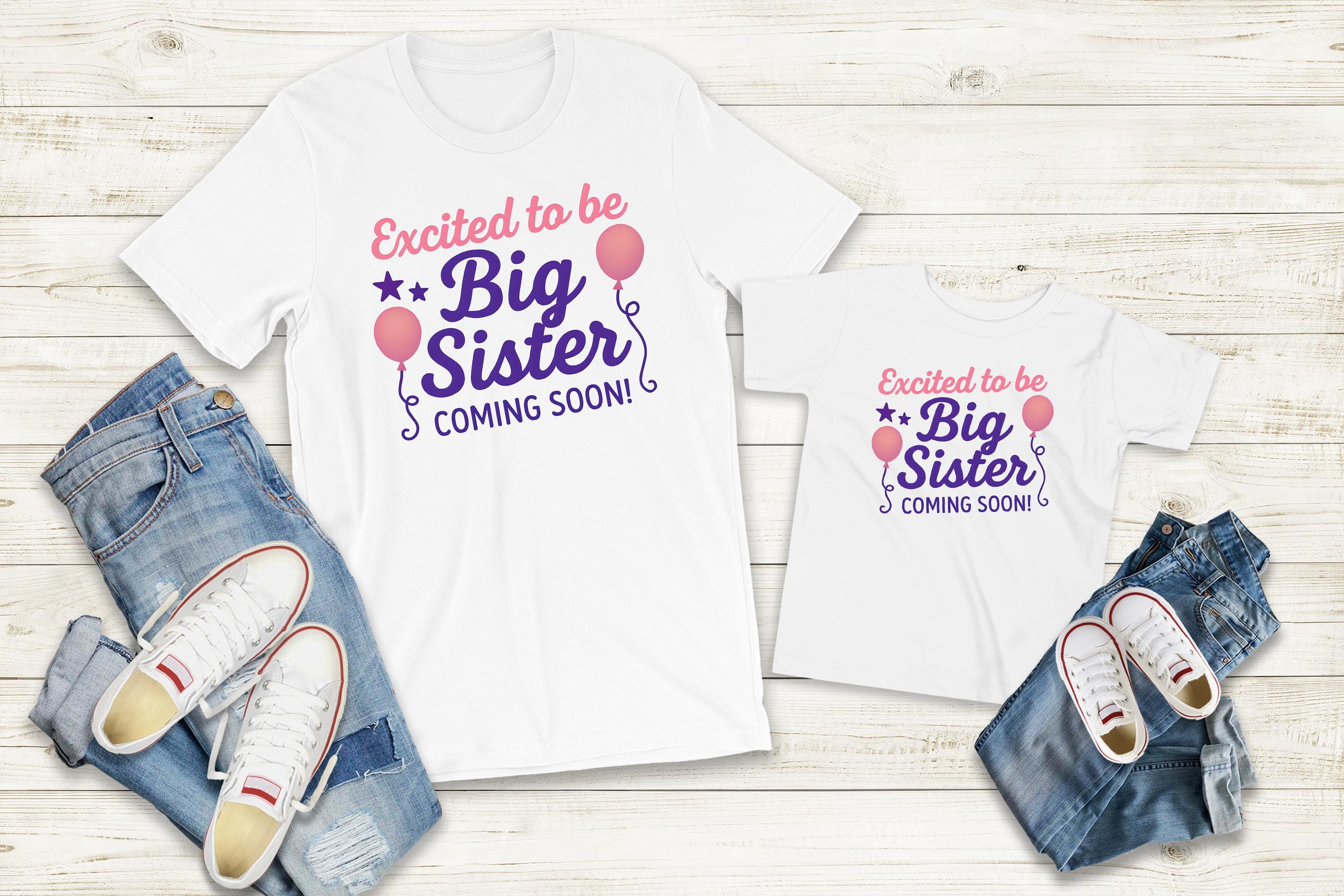Digital PNG design featuring 'Excited to Be Big Sister Coming Soon' with pink balloons and stars, perfect for sibling pregnancy announcements.