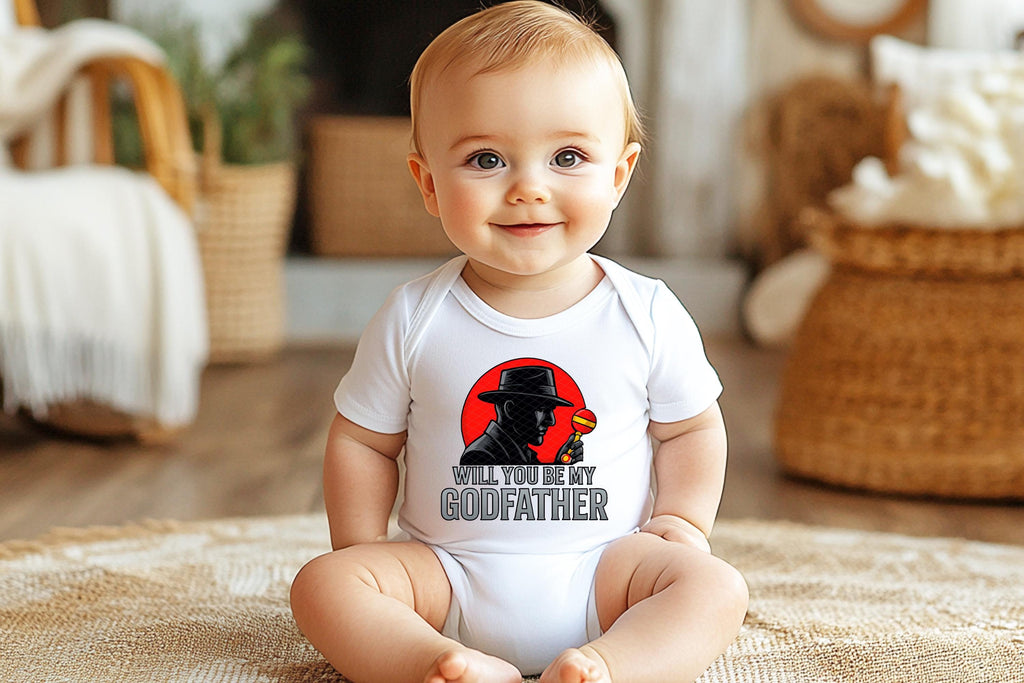 Baby sitting up smiling wearing mafia godfather proposal onesie.