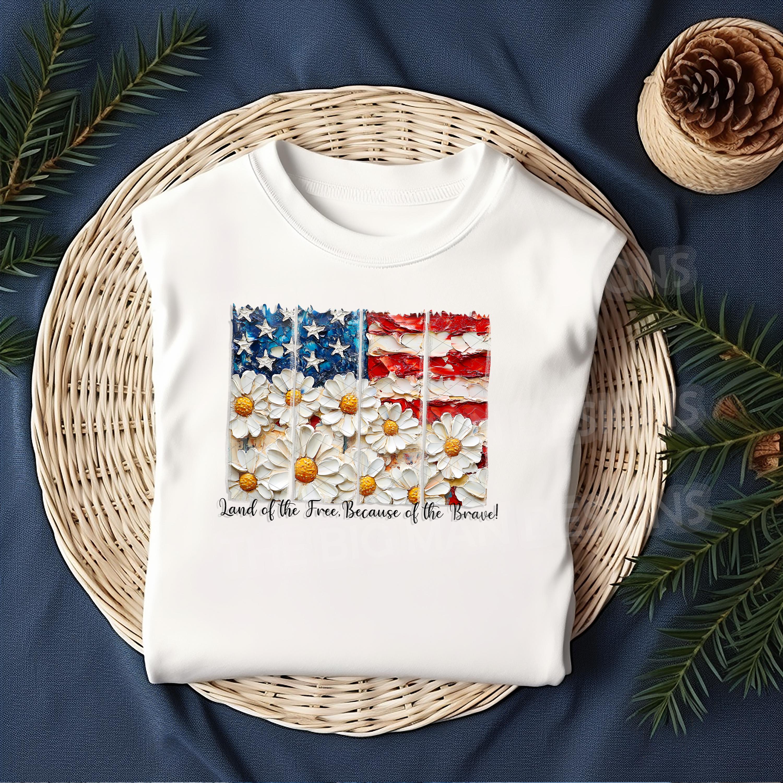 Celebrate freedom in full bloom! This Daisy Flag DTF Transfer is perfect for 4th of July, Memorial Day, or everyday patriotism. Featuring a textured American flag made of daisies and bold red & blue strokes with the phrase “Land of the Free, Because of the Brave,” this ready-to-press heat transfer makes creating custom apparel quick and easy.