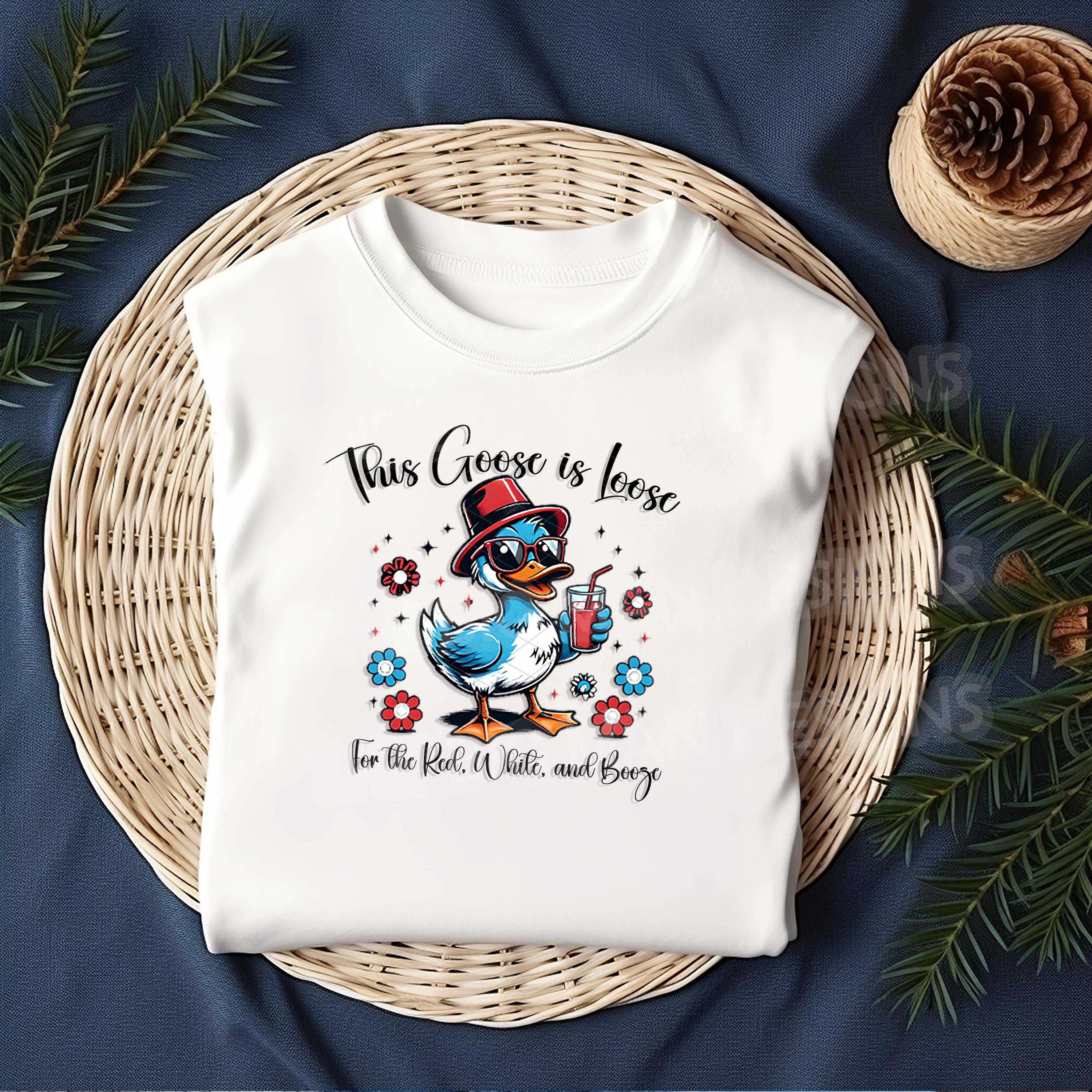 Let the festivities fly with this hilarious “This Goose is Loose for the Red, White, and Booze” DTF Transfer! Featuring a party-ready goose in sunglasses and a top hat sipping a red drink, it’s perfect for making standout shirts this July 4th, Memorial Day, or any red, white, and boozy occasion.