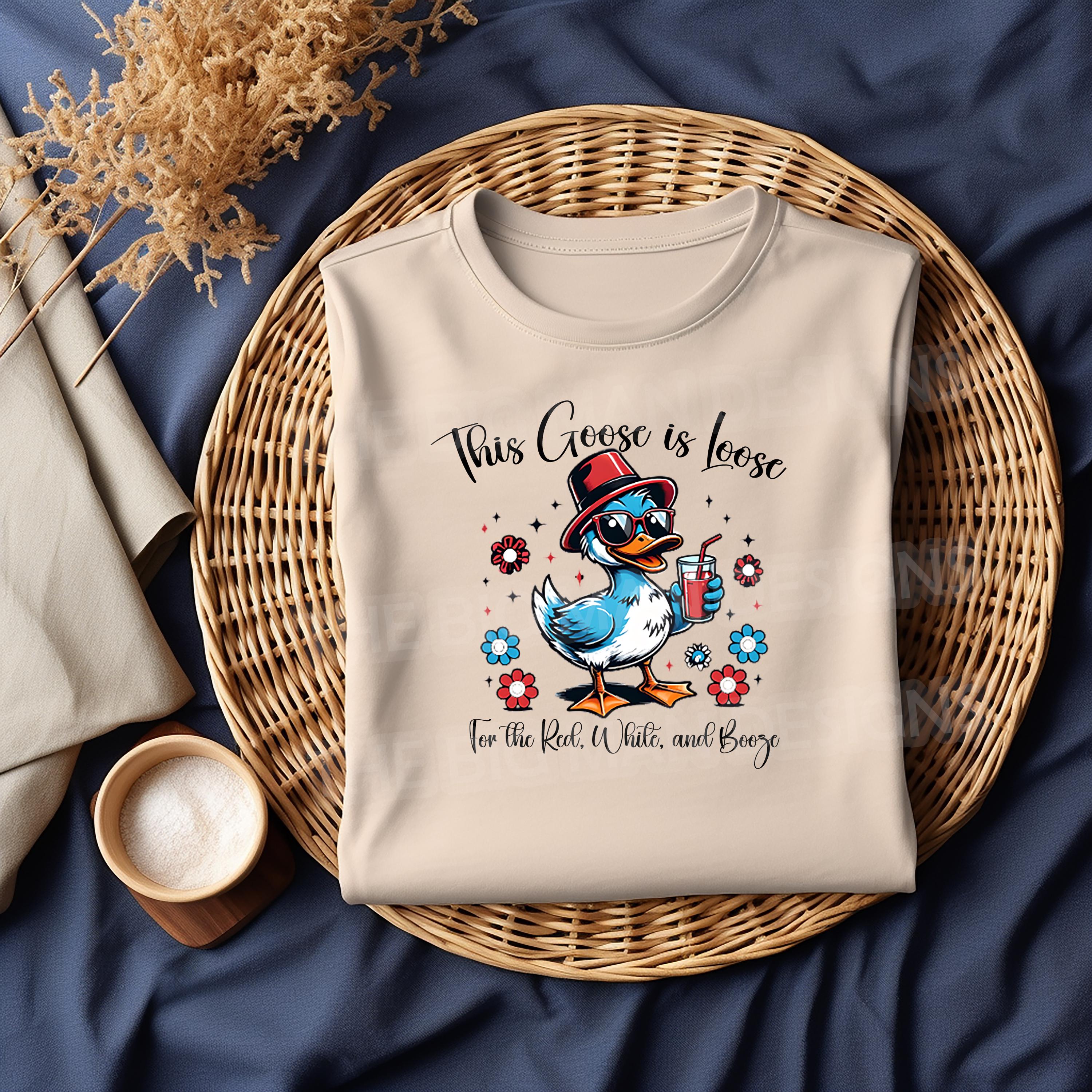 Let the festivities fly with this hilarious “This Goose is Loose for the Red, White, and Booze” DTF Transfer! Featuring a party-ready goose in sunglasses and a top hat sipping a red drink, it’s perfect for making standout shirts this July 4th, Memorial Day, or any red, white, and boozy occasion.