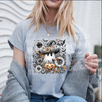 Grey tshirt mockup with ghost pumpkin sunflower DTF transfer applied”