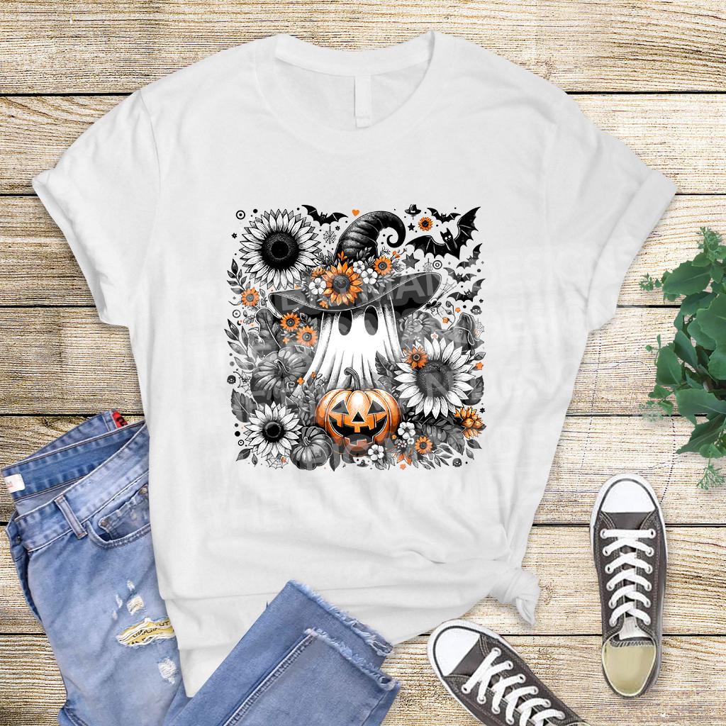 Closeup of Halloween ghost pumpkin sunflower DTF transfer on white shirt mockup
