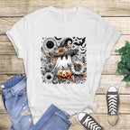 Closeup of Halloween ghost pumpkin sunflower DTF transfer on white shirt mockup