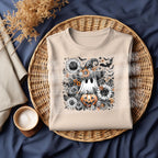 Natural color tee mockup featuring ghost pumpkin sunflower heat transfer