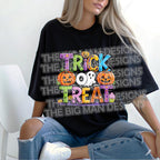 Black tshirt mockup featuring Trick or Treat Halloween DTF transfer