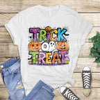 White tee mockup with colorful Trick or Treat ghost pumpkin DTF transfer