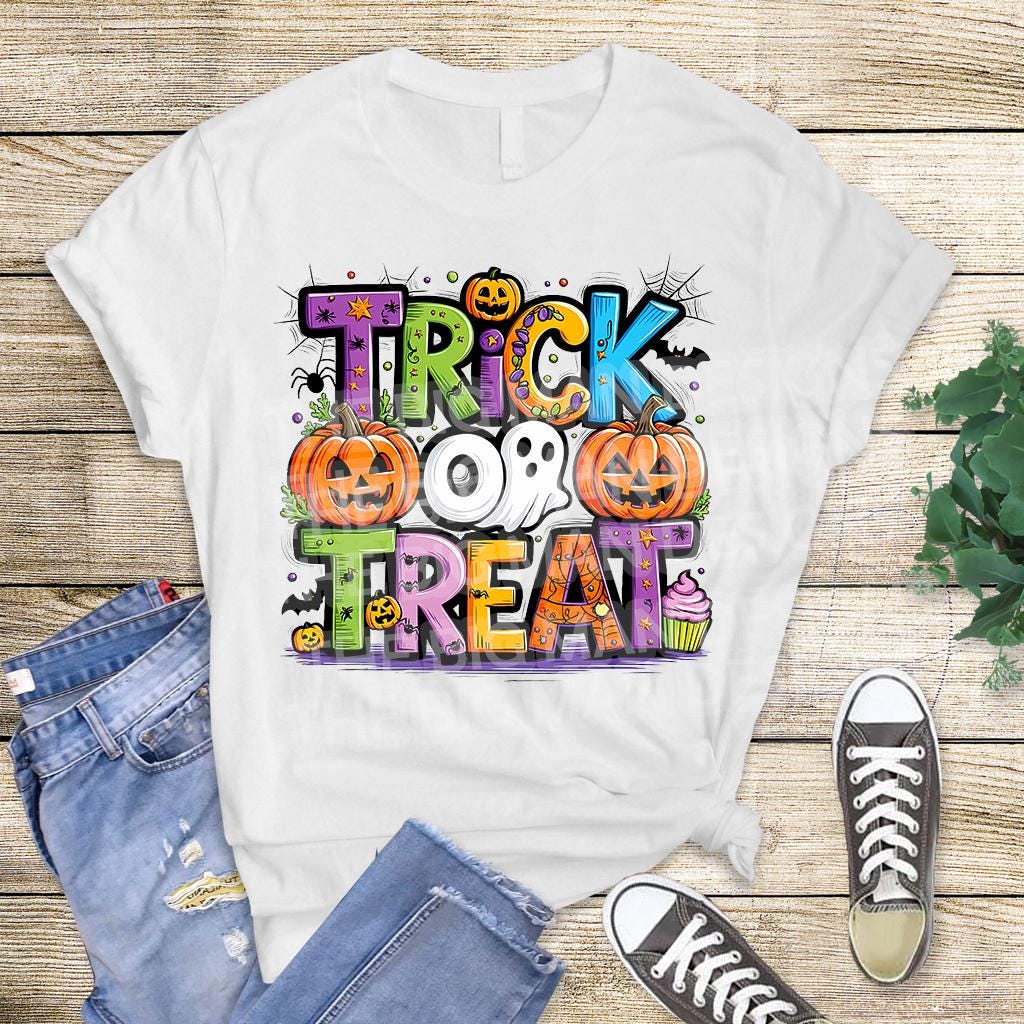 White tee mockup with colorful Trick or Treat ghost pumpkin DTF transfer
