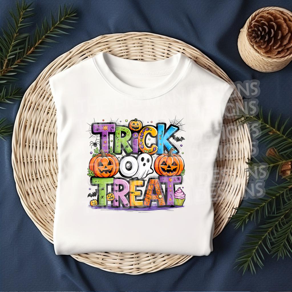White tee mockup with colorful Trick or Treat ghost pumpkin DTF transfer”