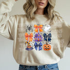 Sand sweatshirt mockup with coquette Halloween DTF transfer of bows, ghost, and pumpkin