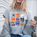 Grey shirt mockup with coquette bow Halloween haunted house DTF applied