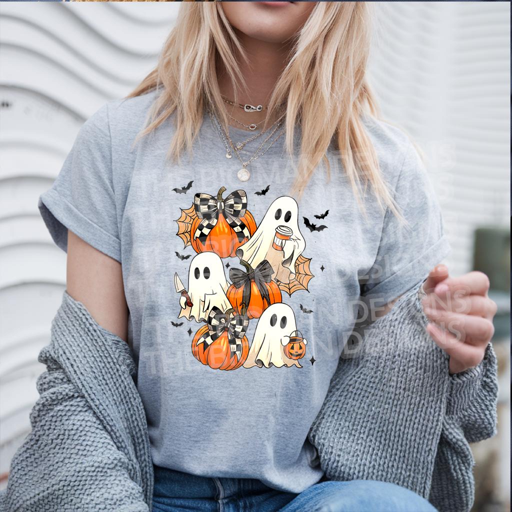 Grey shirt mockup featuring pumpkin ghost DTF transfer design