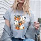 Grey shirt mockup featuring pumpkin ghost DTF transfer design