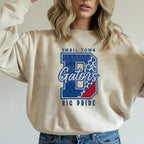 Model wearing Small Town Big Pride Gators DTF transfer on natural sweatshirt