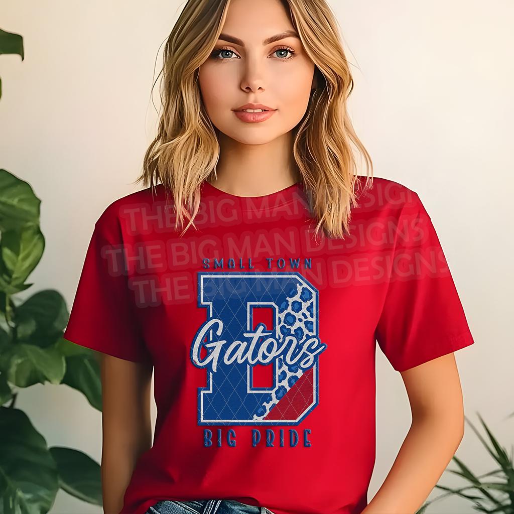 Model wearing red T-shirt with Gators school spirit DTF transfer