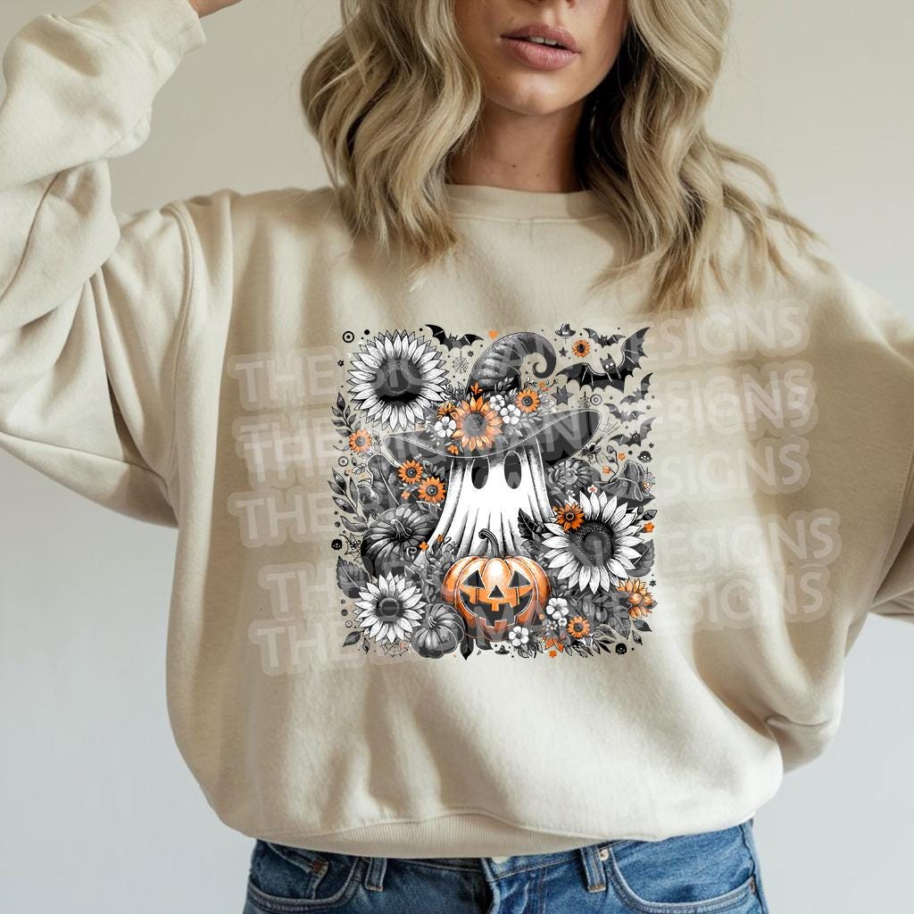 Natural sweatshirt mockup with ghost pumpkin sunflower DTF transfer applied