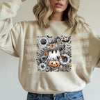 Natural sweatshirt mockup with ghost pumpkin sunflower DTF transfer applied