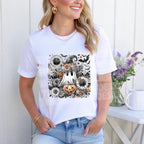 Closeup of Halloween ghost pumpkin sunflower DTF transfer on white shirt mockup