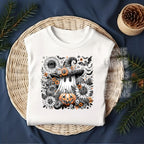 Closeup of Halloween ghost pumpkin sunflower DTF transfer on white shirt mockup