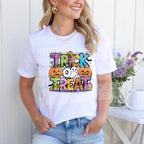 White tee mockup with colorful Trick or Treat ghost pumpkin DTF transfer”