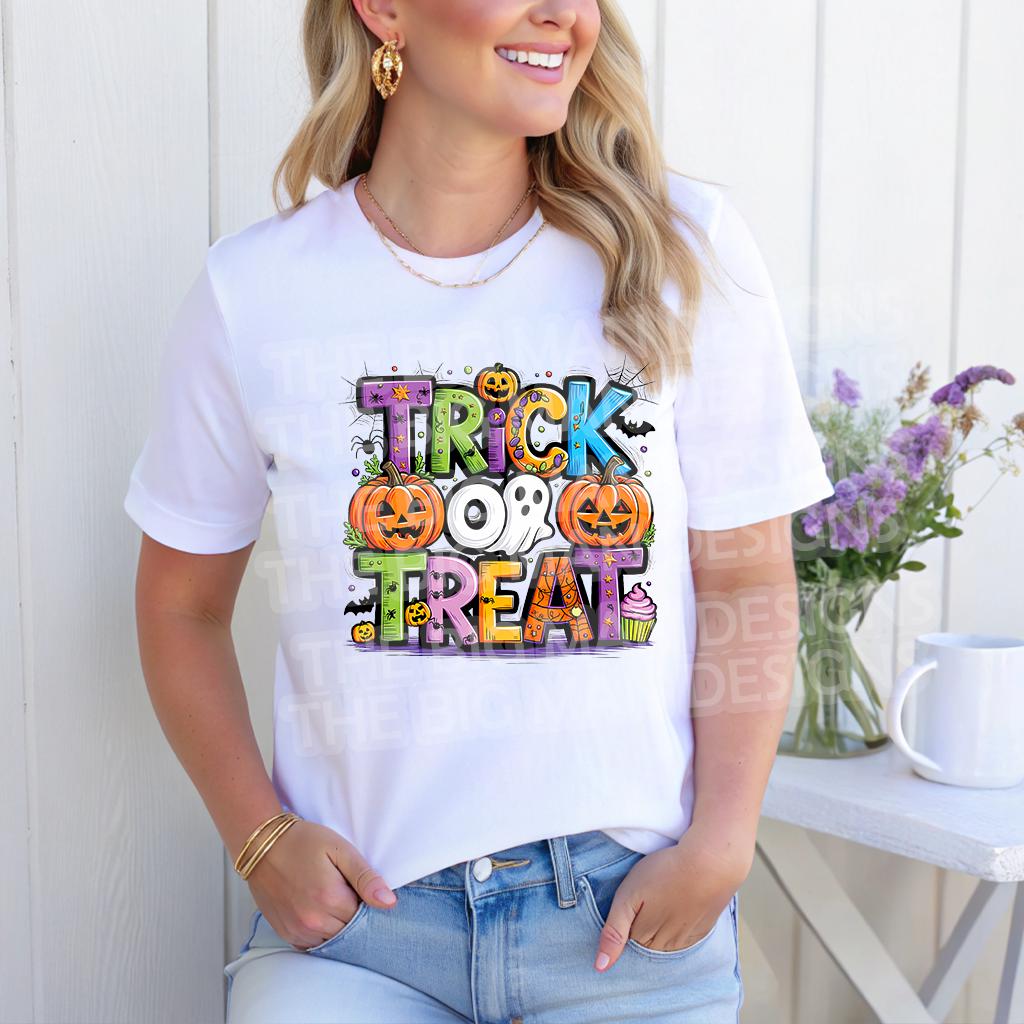 White tee mockup with colorful Trick or Treat ghost pumpkin DTF transfer”