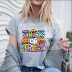 DTF transfer of colorful Trick or Treat Halloween design displayed on grey t-shirt mockup