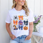 white shirt mockup with coquette bow Halloween haunted house DTF applied