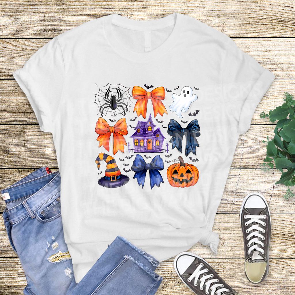white shirt mockup with coquette bow Halloween haunted house DTF applied