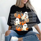 Black t-shirt mockup with pumpkin ghost and bat Halloween DTF transfer