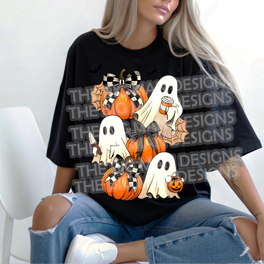 Black t-shirt mockup with pumpkin ghost and bat Halloween DTF transfer