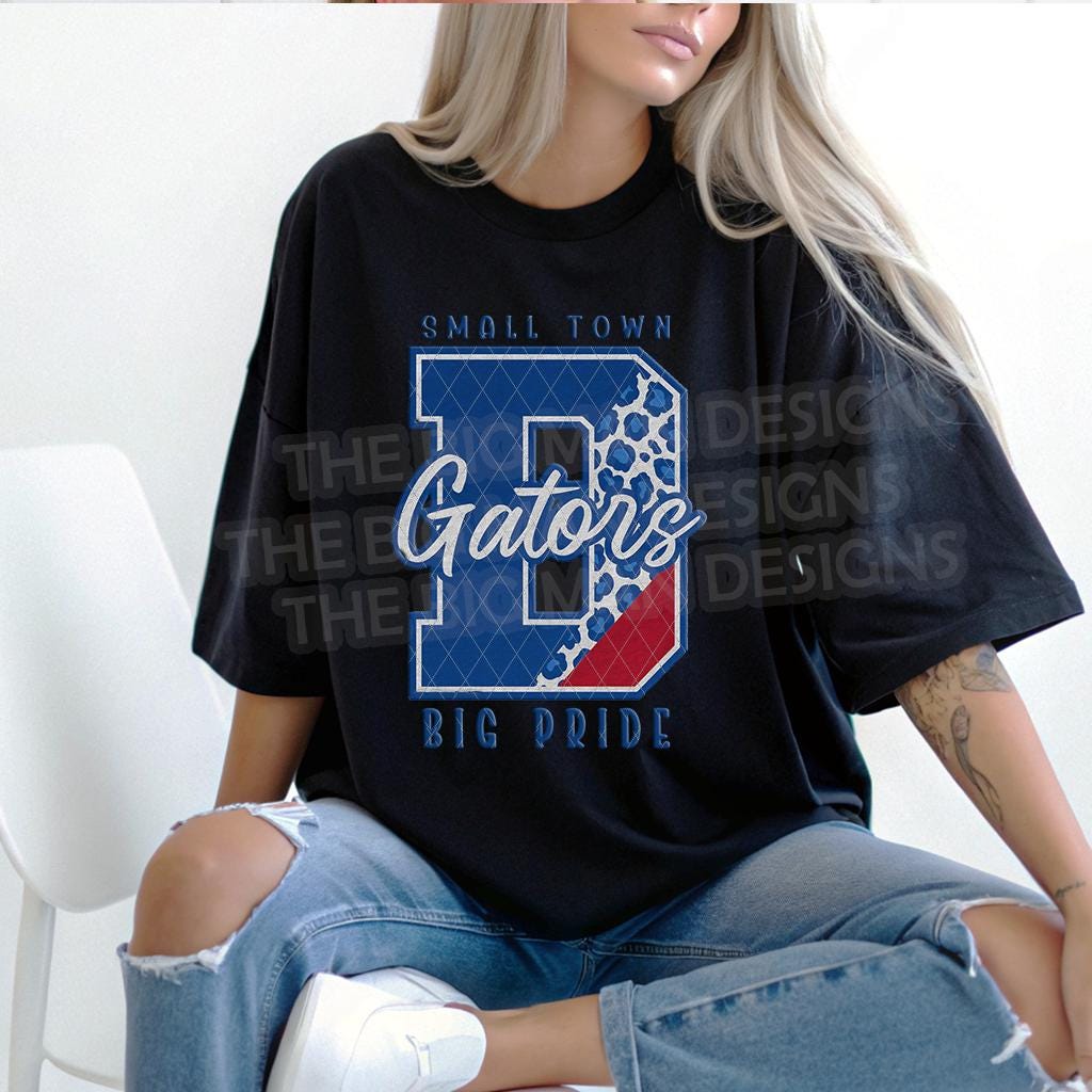 Model wearing black T-shirt with Gators Big Pride red and blue transfer