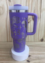 Design on purple 40 oz tumbler with steel design