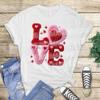 Valentine LOVE chenille style DTF transfer displayed on white shirt flat lay with jeans