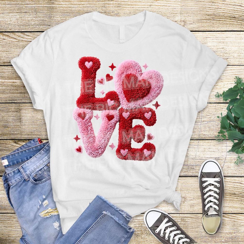 Valentine LOVE chenille style DTF transfer displayed on white shirt flat lay with jeans