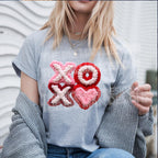 Trendy XOXO Valentine faux chenille DTF transfer on gray t-shirt ready to press design