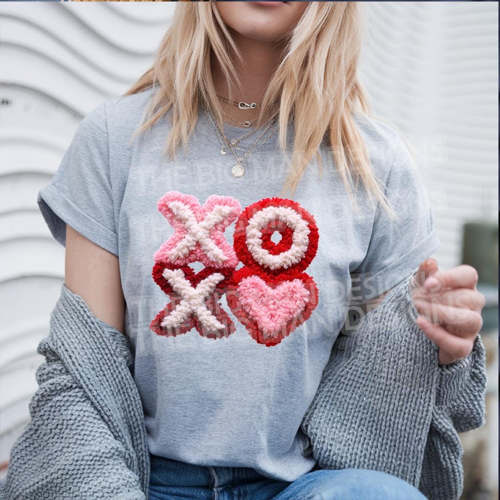 Trendy XOXO Valentine faux chenille DTF transfer on gray t-shirt ready to press design