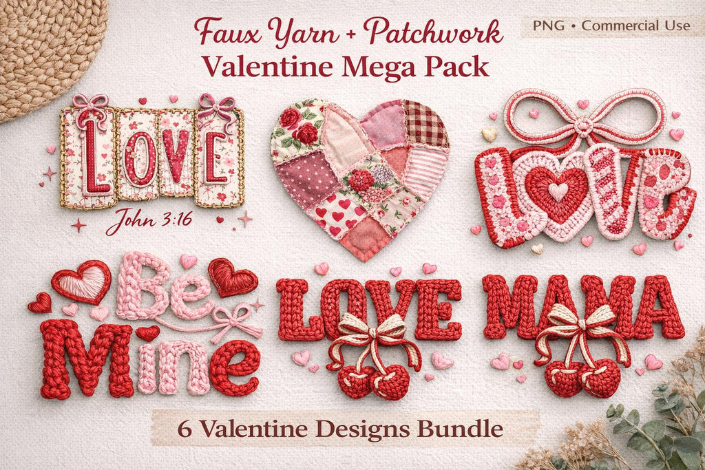 Valentine faux yarn DTF transfer bundle showing six crochet style heart and word heat transfers