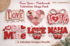 Valentine faux yarn DTF transfer bundle showing six crochet style heart and word heat transfers