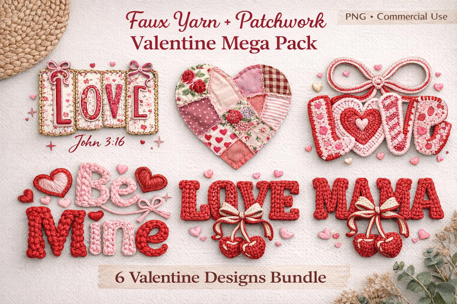 Valentine faux yarn DTF transfer bundle showing six crochet style heart and word heat transfers