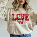 Valentine faux yarn LOVE DTF heat transfer pressed on sand sweatshirt mockup