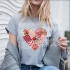 Patchwork heart Valentine DTF heat transfer on lifestyle t shirt mockup