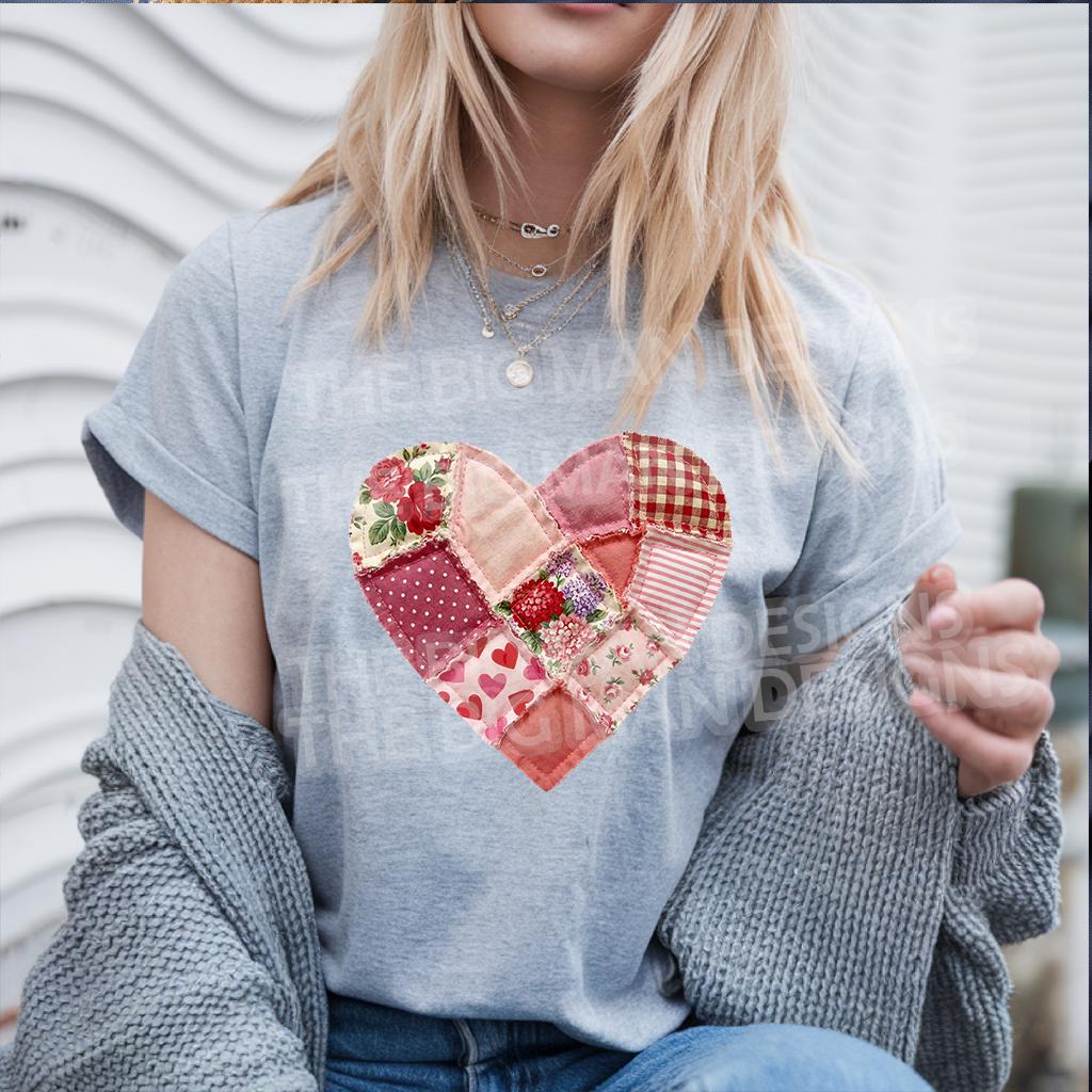 Patchwork heart Valentine DTF heat transfer on lifestyle t shirt mockup