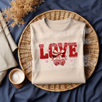 Faux yarn texture LOVE Valentine DTF heat transfer on a cream shirt mock up