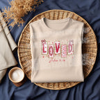 Loved John 3:16 dtf on a lay flat cream tshirt mock up