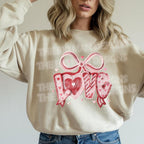 Faux crochet Love DTF heat transfer on sweatshirt lifestyle mockup